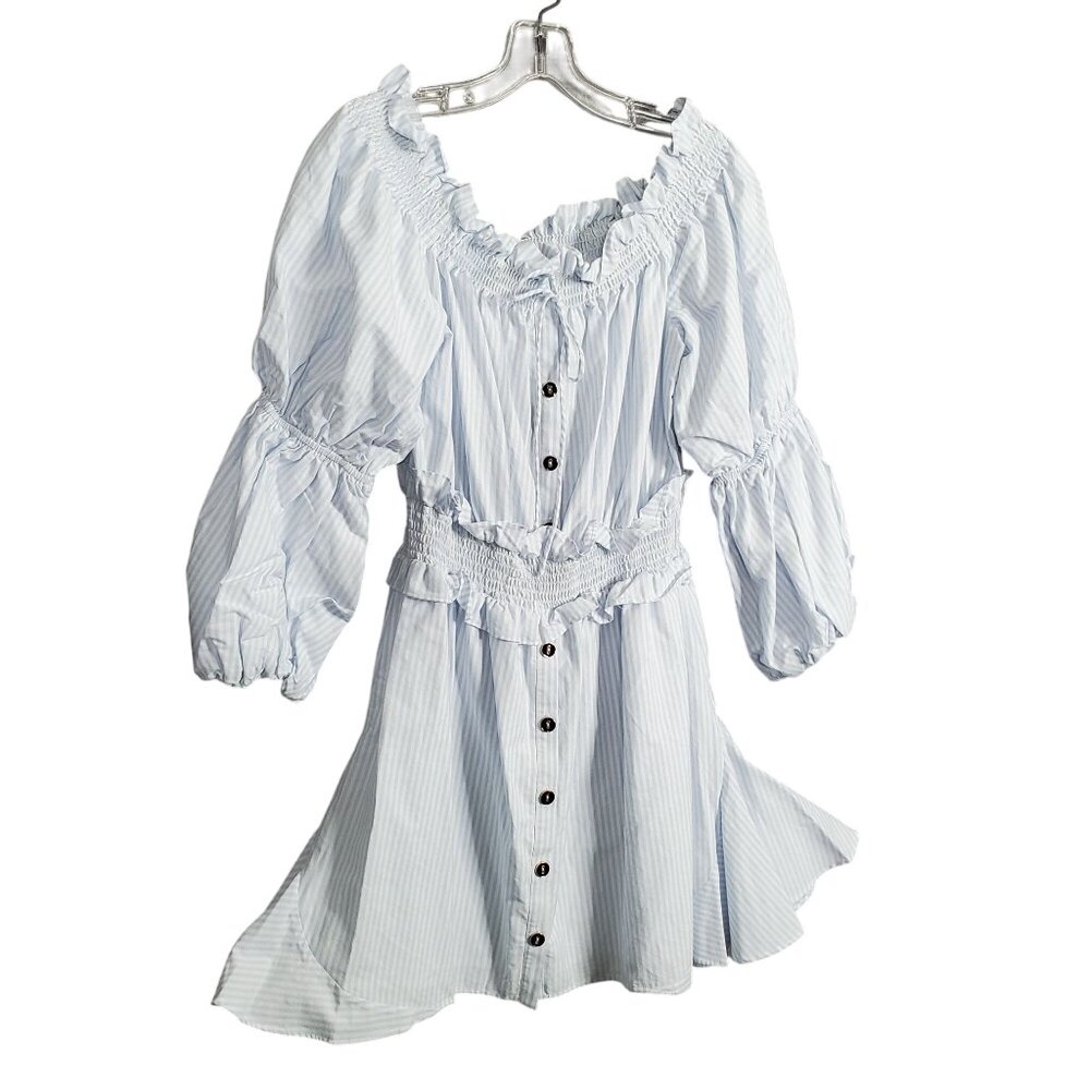 Gianni Bini Size L Dress Off Shoulder Puff Sleeve Coastal Stripe Country Cottage